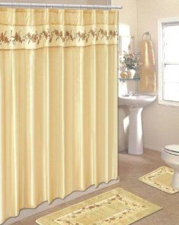 Beige Bathroom Shower Curtain Set Embroidery with Rings and Rugs 0023   Bathmats