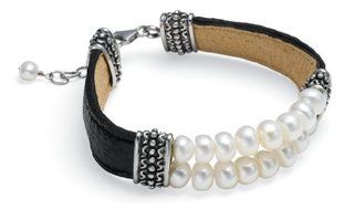 Freshwater Cultured Pearl Bracelet w/ Adjustable Black Leather Band, 7 8" Jewelry