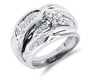 Diamond Engagement Rings Set Wedding Bands White Gold Men Ladies .12ct Jewel Tie Jewelry