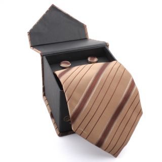 Ferrecci Mens Brown Stripes Boxed Necktie And Cufflinks