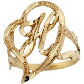 10k Real Gold Cursive Letter H Diamond Cut 2.3cm Unique Heart Initial Ring Jewelry