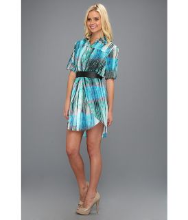 Halston Heritage Shirtdress with Overlay Detail and Belt  Lagoon Watercolor Plaid Print