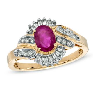 Oval Ruby and 1/3 CT. T.W. Baguette and Round Diamond Ring in 14K Gold
