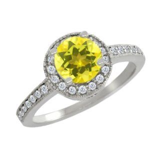 1.30 Ct Round Canary Mystic Topaz White Diamond Sterling Silver Ring Jewelry