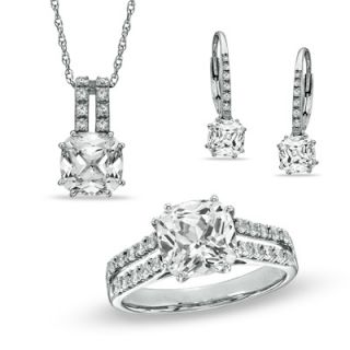 Cushion Cut Lab Created White Sapphire Pendant, Ring and Earrings Set