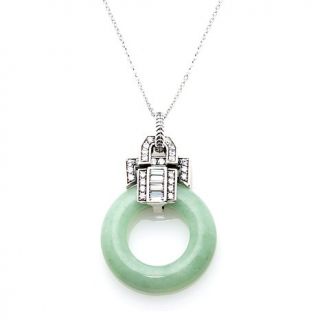 Jade of Yesteryear Green Jade and CZ Sterling Silver Art Deco Pendant with 18"