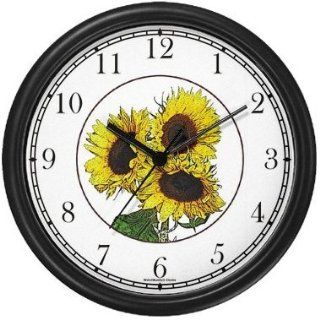 Three Sun Flowers / Sunflowers Wall Clock by WatchBuddy Timepieces (Hunter Green Frame)   Sunflower Kitchen Clock
