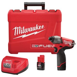 Milwaukee M12 FUEL Cordless Impact Driver Kit — 1/4in. Hex, 12 Volt, With Compact 2.0 Ah Batteries, Model# 2453-22  Impact Wrenches