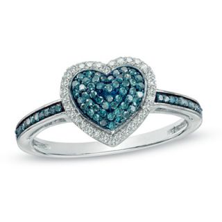 CT. T.W. Enhanced Blue and White Diamond Heart Ring in Sterling