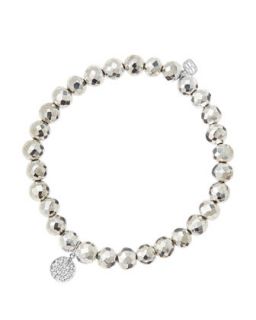 6mm Faceted Silver Pyrite Beaded Bracelet with Mini White Gold Pave Diamond