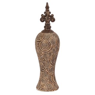 Classic Antique Scrolled Aged Brown Tall Vase With Bronze Fleur Di Lis Top