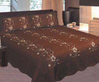 Chocolate and Gold Embroidered 3pc Bed Quilt w/ Pillow Shams Queen Size  