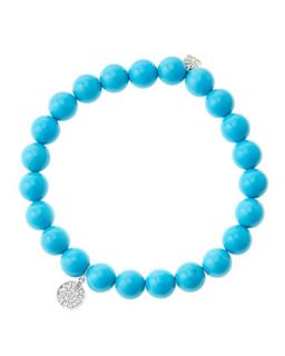 8mm Turquoise Beaded Bracelet with Mini White Gold Pave Diamond Disc Charm