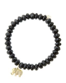 8mm Faceted Black Spinel Beaded Bracelet with 14k Gold/Diamond Small Elephant