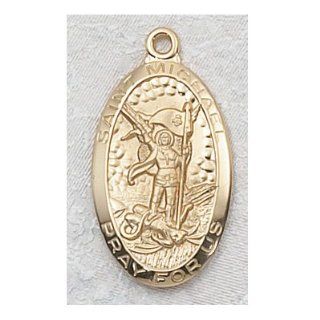 Mens Womens 7/8" Gold Plated Oval Saint Michael Patron Saint Medal Pendant Necklace Jewelry
