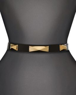Narrow Leather Waist Belt with Metal Pyramid Studs and Back Collar Button