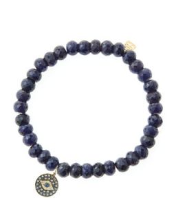 6mm Faceted Sapphire Beaded Bracelet with 14k Gold/Rhodium Diamond Small Evil