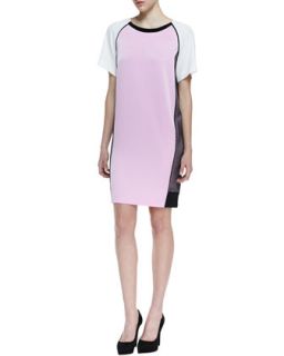 Womens Short Sleeve Colorblock Dress with Side Mesh, Cosmos Pink/White/Black  
