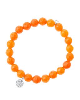 8mm Faceted Orange Agate Beaded Bracelet with Mini White Gold Pave Diamond Disc