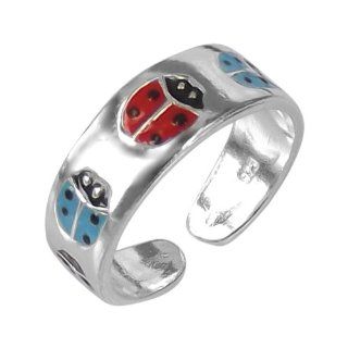 Red/Blue Beetle/Lady Bug .925 Silver Toe/Pinky Ring Jewelry