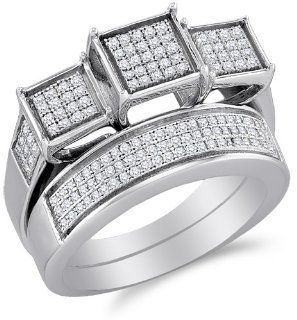 .925 Sterling Silver Plated in White Gold Rhodium Diamond Ladies Bridal Engagement Ring with Matching Wedding Band Two 2 Ring Set   Square Princess Shape Center Setting w/ Micro Pave Set Round Diamonds   (.46 cttw) Sonia Jewels Jewelry