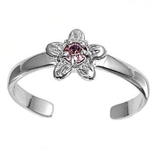 Rhodium Plated, CZ Pink Plumeria Stone Flower Link Design .925 Sterling Silver "Rhodium Plated W/ Pink CZ Stone Flower Design" Toe Ring Face Size 7mm, Band Width 2 mm, Art, Beauty, Summer Jewelry