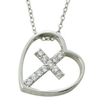 .925 Sterling Silver Heart Neclace with Tilted CZ Crystal Cross Pendant Women's Religious Jewelry Religious Heart Jewelry Gift Boxed.w/Chain Necklace 18" Length Gift Boxed. Jewelry