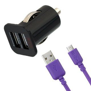 EZOPower 3.1A Black High Output Dual USB Car Charger Adapter + 6 Feet Purple Micro USB Data Cable for Nokia Nokia Lumia 610, Lumia 635, Lumia Icon (929), Lumia 1520, Lumia 1020, Lumia 520, Lumia 620, Lumia 925, Lumia 928, Lumia 521 Cellphone Smartphone Tab