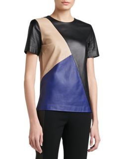Womens Soft Napa Leather Color Block Top With Side Slits   St. John Collection