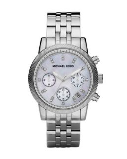 Mid Size Silver Color Stainless Steel Ritz Chronograph Glitz Watch   Michael