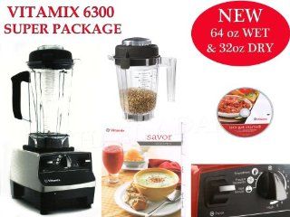 Vitamix 6300 Super Package with 64oz & 32oz Dry Containers, Featuring 3 Pre Programmed Settings, Variable Speed Control, and Pulse Function. Includes Savor Recipes Book, DVD and Spatula. 7 Year Full Warranty. (PLATINUM) Kitchen & Dining