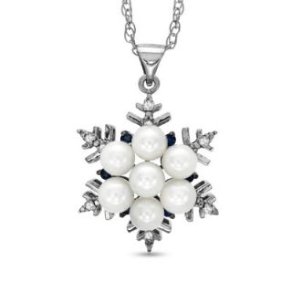 0mm Cultured Freshwater Pearl and Sapphire Snowflake Pendant with