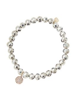 6mm Faceted Silver Pyrite Beaded Bracelet with Mini Rose Gold Pave Diamond Disc