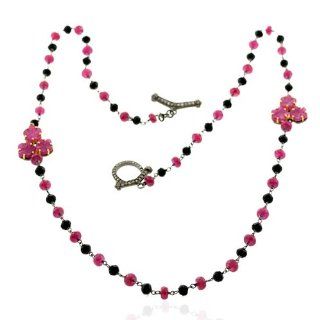Diamond Pave Black Onyx & Ruby Beads Chain Necklace 18kt Gold Jewelry Jewelry