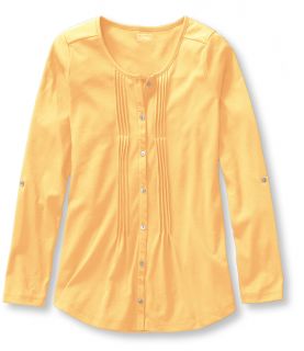 Pima Button Front Pin Tucked Top, Long Sleeve