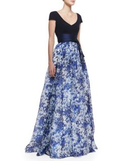 Womens Short Sleeve Combo Floral Ball Gown, Delft Blue   Theia by Don O