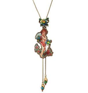 Lovely Michal Negrin Tie Necklace Made with Cupid and Roses Formatted Metal Print, Adorned with Flower Shaped Ornaments, Bow Tie, Two Dangle Bells and Glass Beads, Accented with Multicolor Swarovski Crystals; Hand made in Israel Michal Negrin Jewelry