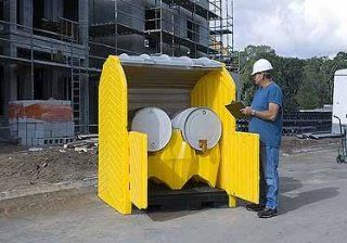Drum Storage Containers Hard Top P2 With Drain Swing Lift Yellow   Work Gloves  