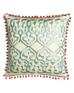 Leena Pillow w/ Gulf Blue Embroidery & Coral Pom Pom Trim, 18Sq.  