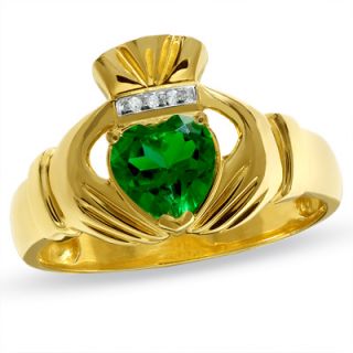 Mens Lab Created Emerald Claddagh Ring in 10K Gold with Diamond