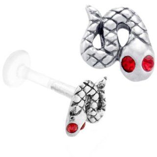 Slithering Serpent with Red CZ   925 Sterling Silver & Bioplast Tragus Earring or Labret Lip Ring Jewelry