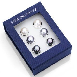 3 Pairs Sterling Silver 9 10mm White, Grey, and Black Freshwater Pearl Stud Earring with Bazel Setting. Jewelry