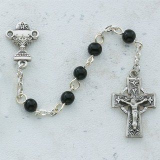 5mm Black Glass Bead .925 Sterling Silver Centerpiece Celtic 18 1/2 inch Rosary Jewelry