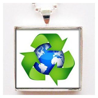 Recycle Symbol Mother Earth Glass Tile Pendant Necklace Jewelry