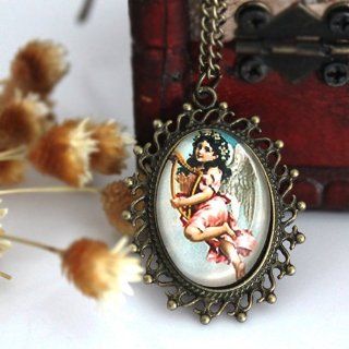 Gothic beautiful vintage retro angel girl wing design pendent necklace