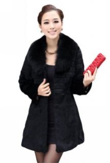 Queenshiny Long Women's 100% Real Rabbit Fur Coat Jacket with Fox Collar Fur Outerwear Coats