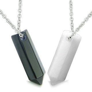 Amulets Love Couple or Best Friends Lucky Crystal Point Wands Yin Yang Powers Bullet Style Shape Black Onyx and White New Jade Gems Necklaces Best Amulets Jewelry