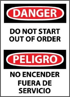 NMC ESD263PB Bilingual OSHA Sign, Legend "DANGER   DO NOT START OUT OF ORDER", 10" Length x 14" Height, Pressure Sensitive Vinyl, Black/Red on White Industrial Warning Signs