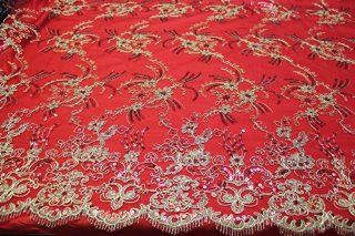 Red Embroidery Lace Fabric on Mesh, Flower Design Textiles with Double Side Border and Sequins