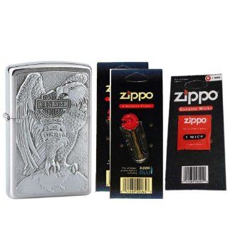 Zippo 200HDH231 Eagle Emblem Harley Davidson Brushed Chrome Windproof Lighter with Two Flint Card and One Wick Card Watches